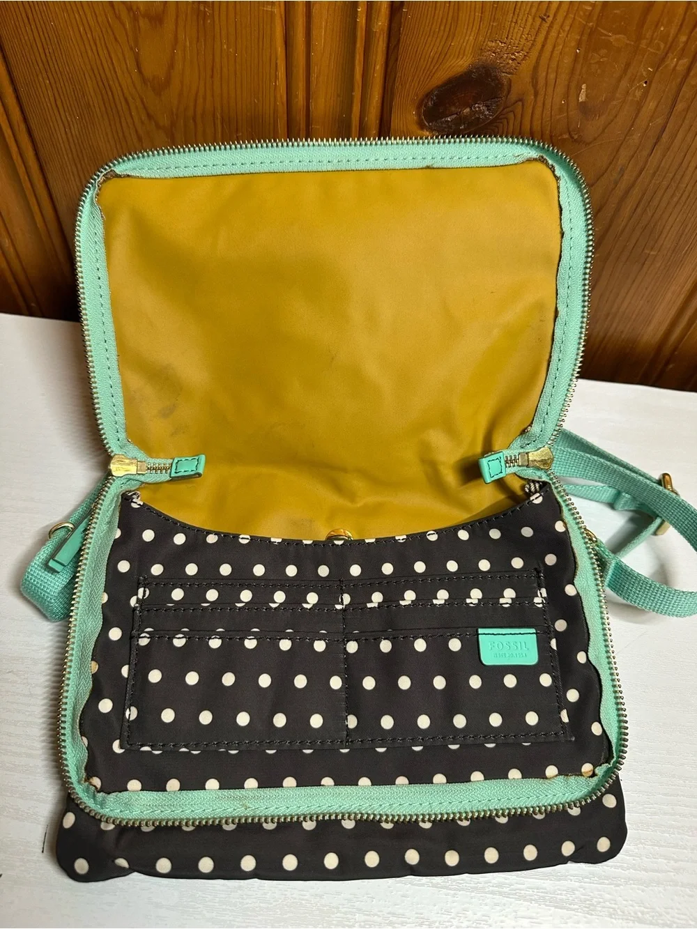 Fossil Black and Mint Polka Dot Crossbody Bag